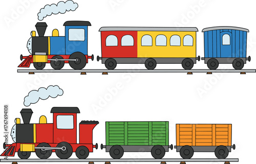 Toy train collection with colorful engines, passenger cars and cargo wagons, playful transportation illustration set, cad drawing flat vector design