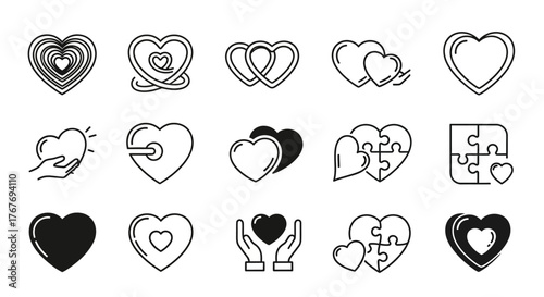 Set of minimalist heart icons in a sleek line art style. Symbols of love, care, passion, and relationships for web and graphic design concepts
