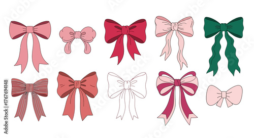 Vector collection of elegant ribbon bows in various styles and colors for decoration, celebration, and fashion design elements