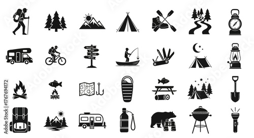 A comprehensive array of sleek outdoor activity icons featuring camping, trekking, fishing, and travel elements for graphic design projects and digital interfaces