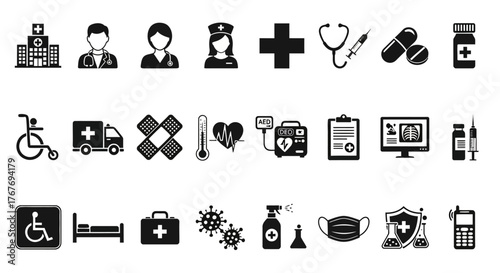Medical Icon Set Healthcare and Treatment Essentials in Black and White