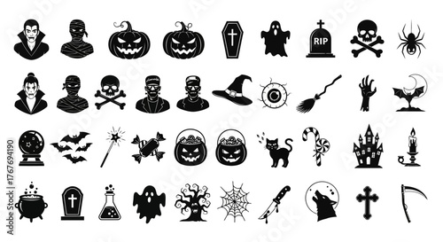 A comprehensive set of sleek black Halloween icons, including pumpkins, ghosts, and skulls. Vector glyph collection for spooky holiday designs and decorations