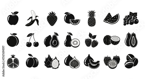 Black vector fruit silhouette icons collection. Healthy food symbols apple, banana, strawberry, pineapple, grapes, kiwi. Perfect for modern graphic design projects
