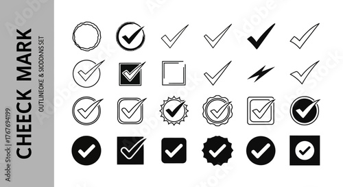 Diverse Check Mark Icons Outline and Solid Symbol Set for Verification and Selection
