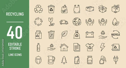 Collection of 40 sleek editable stroke line icons related to recycling and sustainability, perfect for eco-friendly projects