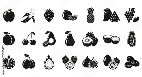 A Diverse Collection of Fresh Fruits and Berries, Presented as Simple Vector Icons for Easy Use