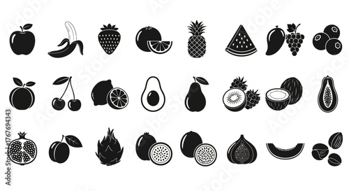 Diverse Black and White Fruit Icons Vector Graphic Collection