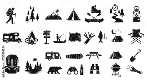 Sleek Vector Silhouettes for Outdoor Adventures A Comprehensive Icon Collection for Camping, Hiking, and Wilderness Exploration Themes