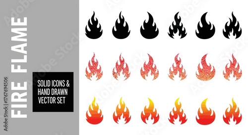 Set of hand-drawn fire flame icons and illustrations, versatile graphic design elements for web and print