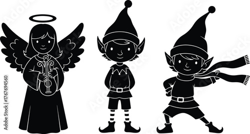 Christmas, Holiday, Festive, Winter, Angel, Elf, Santa, Hat, Costume, Character, Icon, Symbol, Cartoon, Vector, Illustration, Artwork, Design, Style, Silhouette, Fantasy