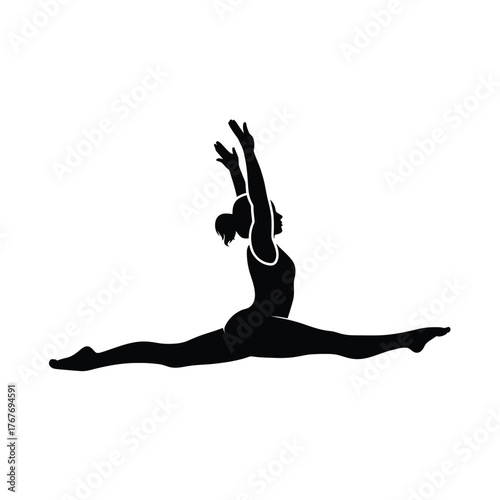 Silhouette of a gymnast performing a split leap with arms raised
