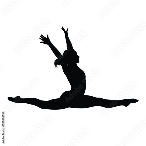 Silhouette of a gymnast performing a split leap with arms raised