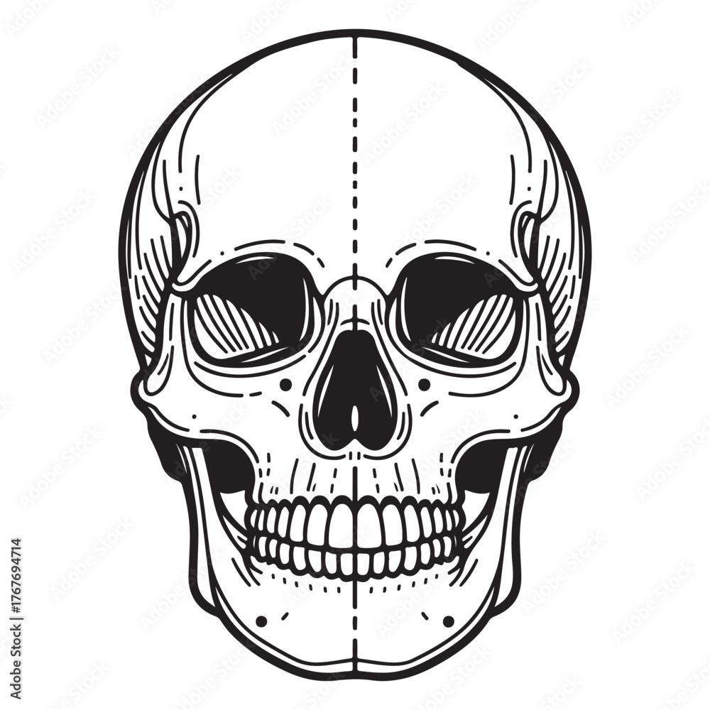Obraz premium Detailed anatomical skull front view line drawing icon for artistic and gothic design projects striking visual element