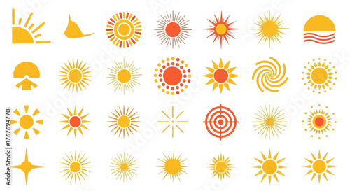 A comprehensive collection of diverse sun icons and symbols, featuring various sleek and modern vector designs suitable for web, print, and graphic projects, perfect for adding 