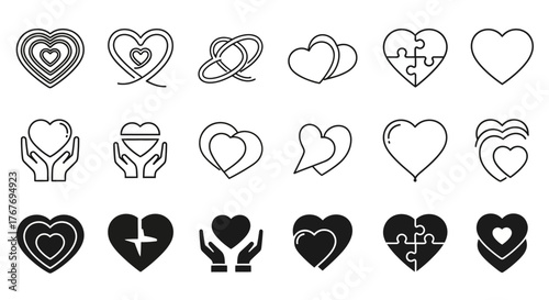 A versatile collection of sleek heart icons in both line and solid styles. This set features various symbols for love, care, romance, and connection