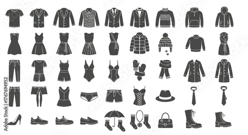Collection of elegant clothing icons for fashion, apparel, and style design concepts