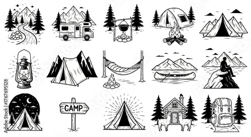Camping Adventure Black and White Line Art Illustrations