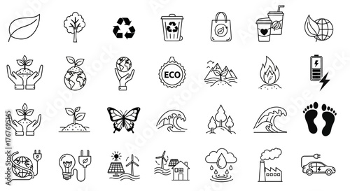 Set of Eco-Friendly Icons and Symbols for Sustainable Living and Environmental Protection