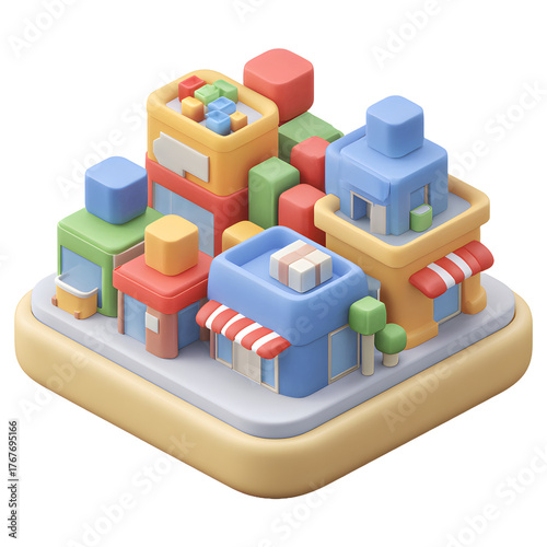 3d Shopping mall, isometric, 3d, icon, clay, PNG, no background.