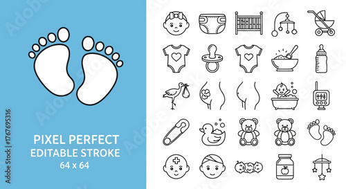 Sleek and modern outline icon set depicting baby care, newborn essentials, pregnancy, and parenting symbols. Editable vector graphics for infancy topics