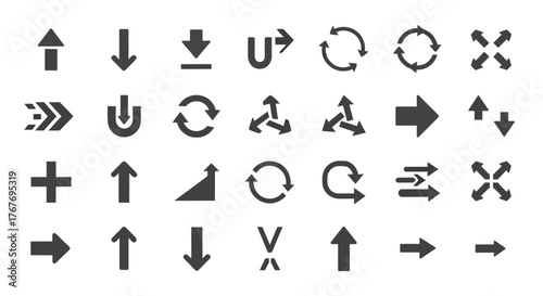 Collection of Various Dark Grey Arrows and Symbols on a White Background, Perfect for UI Design and Navigation Elements