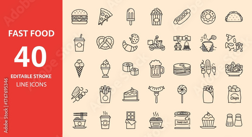 Fast Food Line Icons A Collection of 40 Editable Stroke Designs for Digital Use