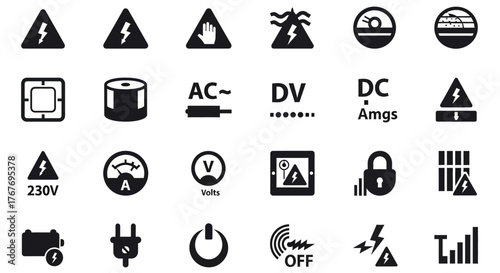 Collection of Electrical and Safety Symbols in Black and White
