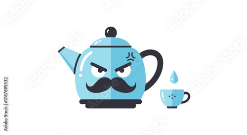 Angry kettle with a mustache character illustration and a cup of tea cartoon design