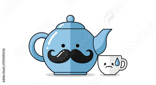 Charming teapot character with a mustache and a concerned teacup buddy animation