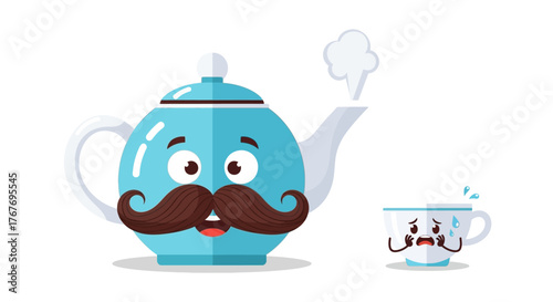 Cartoon teapot character with a mustache bullying a scared teacup on white background