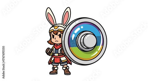 Cartoon warrior character with bunny ears helmet and circular shield protecting the world