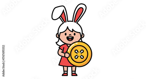 Adorable bunny girl clutching a sizable button, a quirky illustration with simple lines and bright