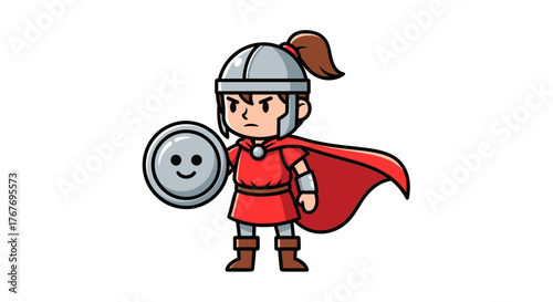 Cartoon brave warrior with helmet and cape poses with a smiling shield on white background
