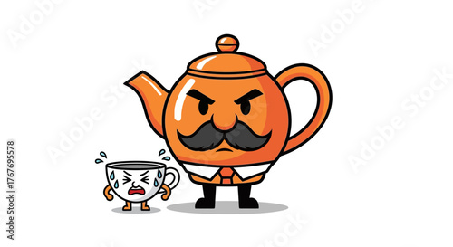 Cartoon illustration featuring an angry teapot with a mustache intimidating a scared teacup
