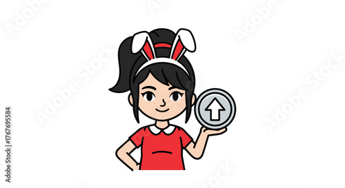 Cute girl holding up arrow badge, social media engagement and positive interaction mascot
