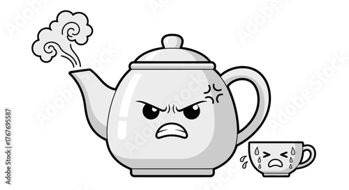Emotional Teapot and Cup Cartoon Character Illustration Boiling with Anger and Sadness