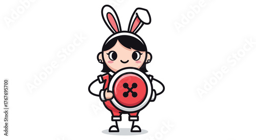 Playful bunny character holding a giant button in a cheerful cartoon illustration style