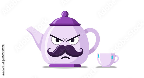 Grumpy Teapot Character with a Mustache and a Nervous Cup, Cartoon Illustration isolated