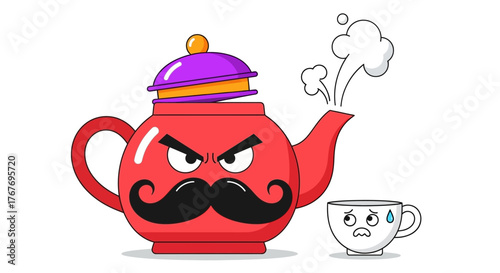 Angry red teapot with a mustache steaming with a worried cup of tea vector image