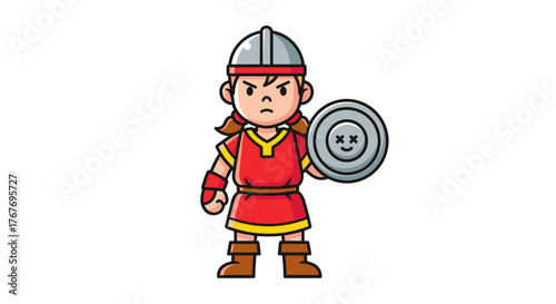 Determined cartoon warrior girl with helmet and shield ready for battle illustration