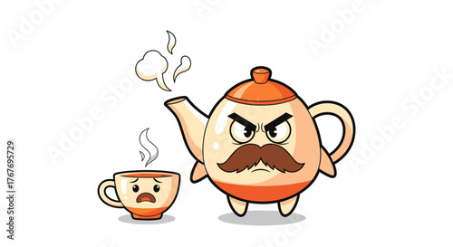 Angry teapot character with scowl and large mustache glaring at a timid teacup companion