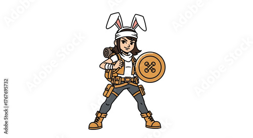 Whimsical bunny warrior ready for adventure with oversized button shield and adventurer gear