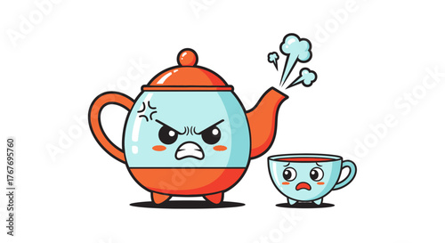 Cartoon Angry Teapot with Steam and Worried Cup Illustration on White Background