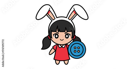 Cartoon character adorned with rabbit ears holding blue button in red dress illustration