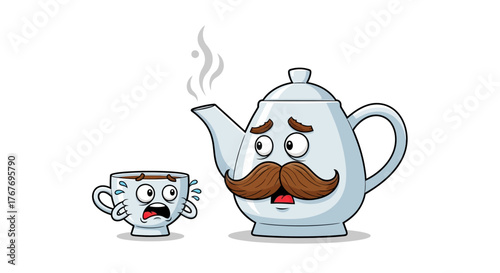 A teapot character with a mustache looks sadly at a frightened cup of hot coffee cartoonish