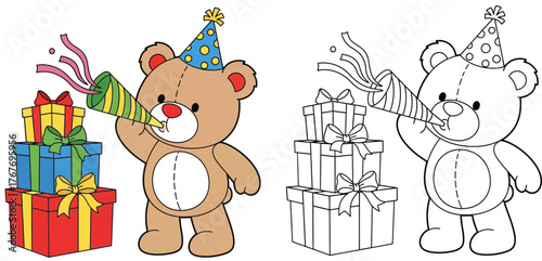 Adorable Teddy Bear Birthday Celebration with Gifts and Party Horn