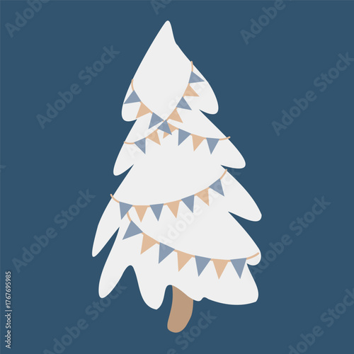 Vector flat illustration of a Christmas tree in retro style. Vintage silhouette of a white tree with a paper garland on a dark blue background. Decorative simplified New Years tree