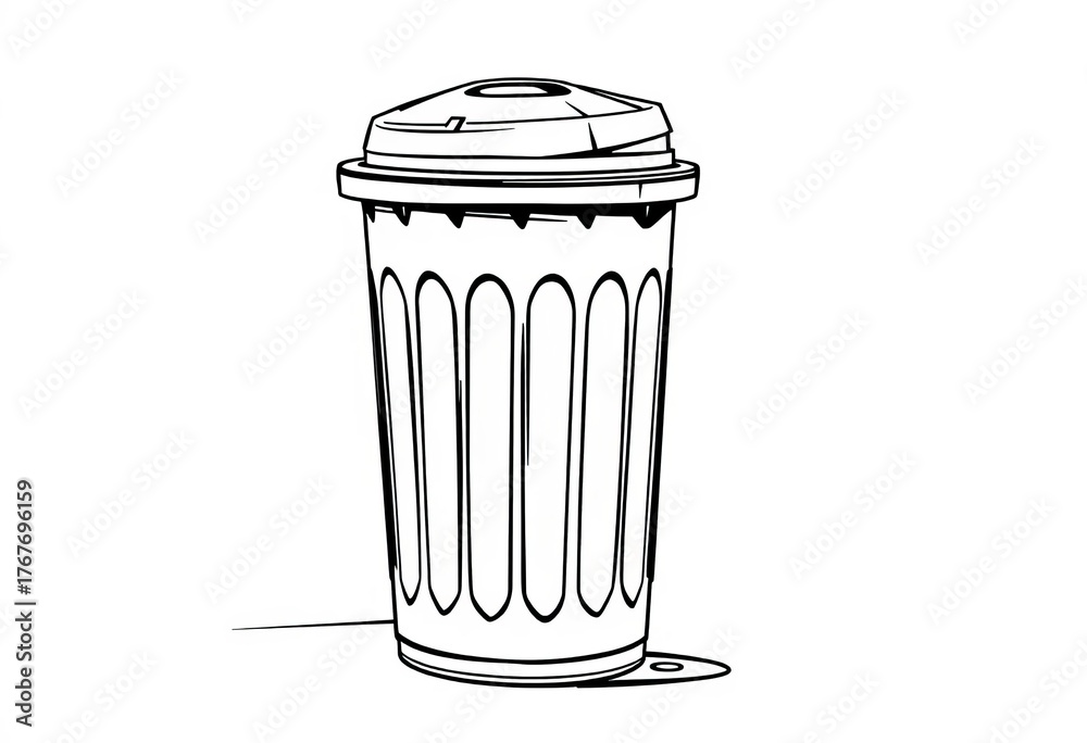 Fototapeta premium Black and white line art drawing of a street trash can, simple design, recycle, outdoor