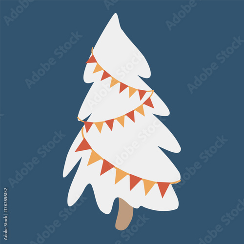 Vector flat illustration of a Christmas tree in retro style. Vintage silhouette of a white tree with a paper garland on a dark blue background. Decorative simplified New Years tree