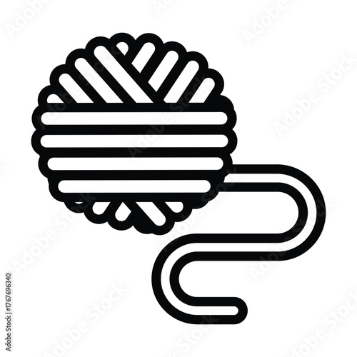 An illustration depicting a ball of yarn composed of thick black outlines with a loose thread extending